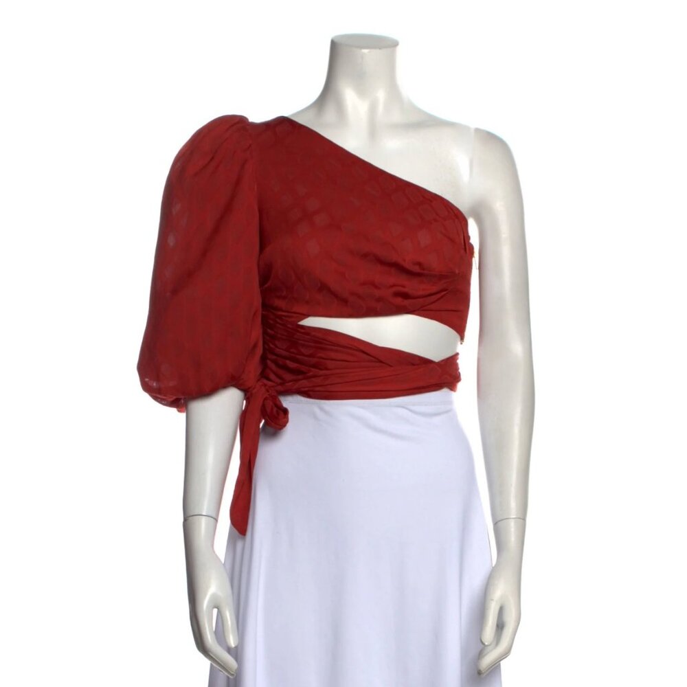 LPA One-Shoulder Crop Top with Balloon Sleeve in Red, Size XS